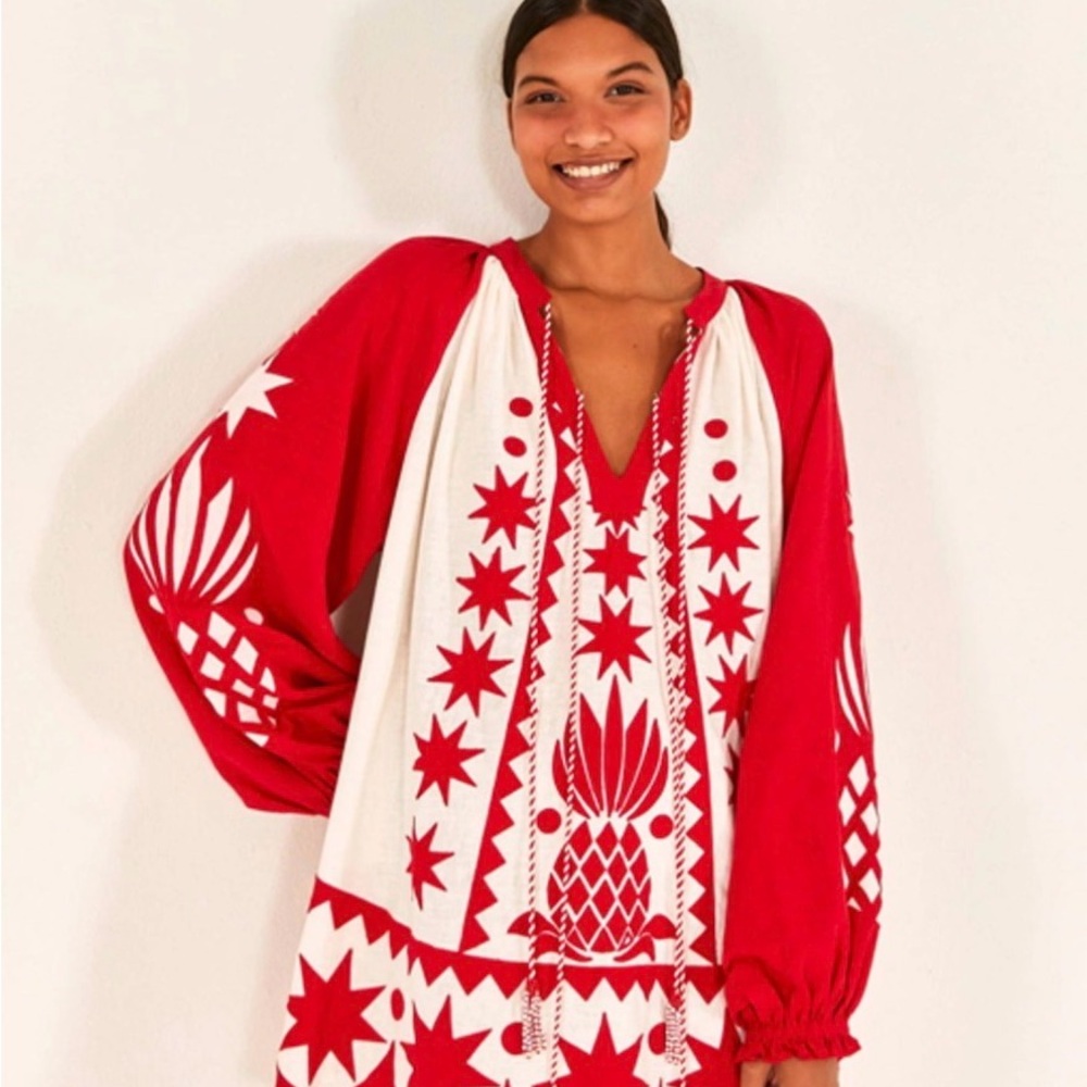 Farm Rio Red Tropical Cutwork Mini Dress